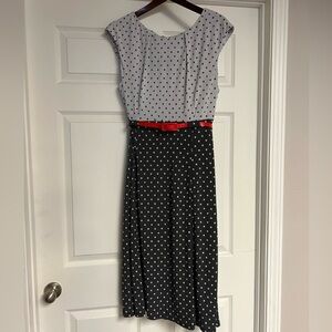 Connected Apparel Black/White Polka Dot Sleeveless Midi Dress w/Red Belt